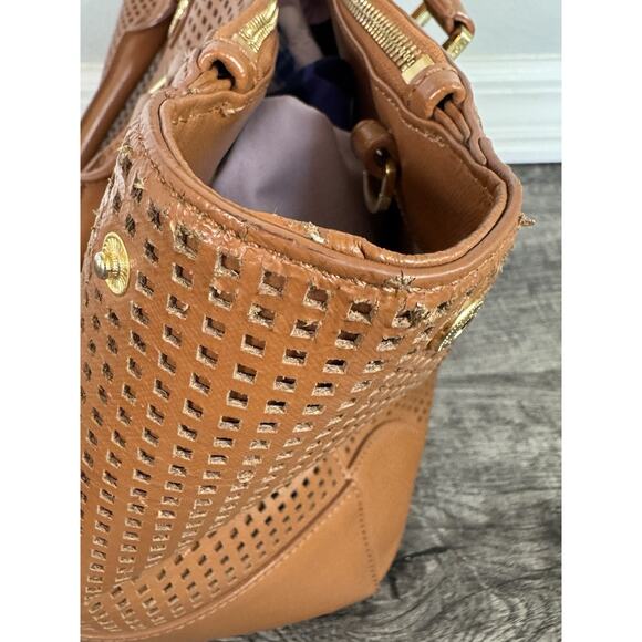 Authentic Tory Burch Robinson Perforated Tote Double Zip Satchel Brown No Strap - Picture 4 of 16